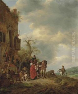 Travellers With Horses And Dogs On A Track Outside An Inn, A Wooded Landscape Beyond by Isaac Van Ostade