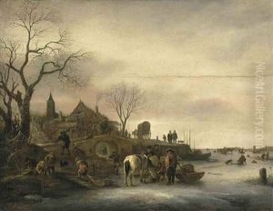 A Winter Landscape With Figures On A Frozen Lake With A Church Spire Beyond by Isaac Van Ostade
