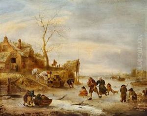 Skaters In A Dutch Winter Landscape by Isaac Van Ostade