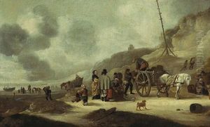 A Couple Watching A Fishmonger Loading A Horsedrawn Wagon On The Beach