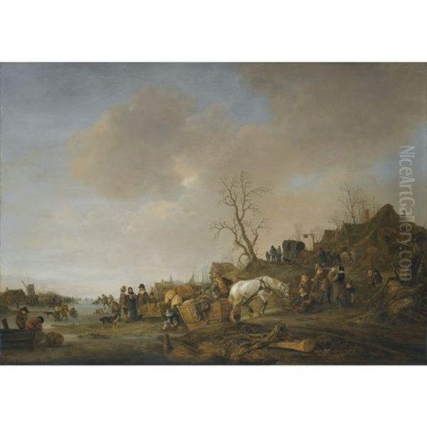 A Frozen River Landscape With A Waggoner Halted At An Inn And A Horse Pulling A Laden Sleigh Off The Ice In The Foreground by Isaac Van Ostade