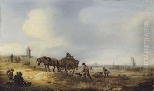 A Beach Scene With Fisherfolk And A Horse And Cart by Isaac Van Ostade