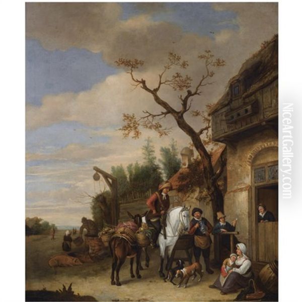A Village Scene With Travellers Near An Inn, A Woman And Child Resting In The Foreground - view 1