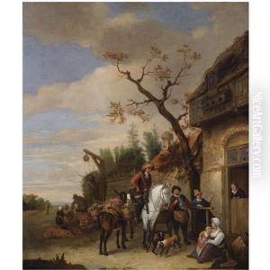 A Village Scene With Travellers Near An Inn, A Woman And Child Resting In The Foreground by Isaac Van Ostade
