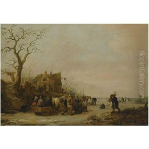 A Winter Landscape With Peasants On A Frozen Lake Near An Inn, A Faggot Gatherer Nearby