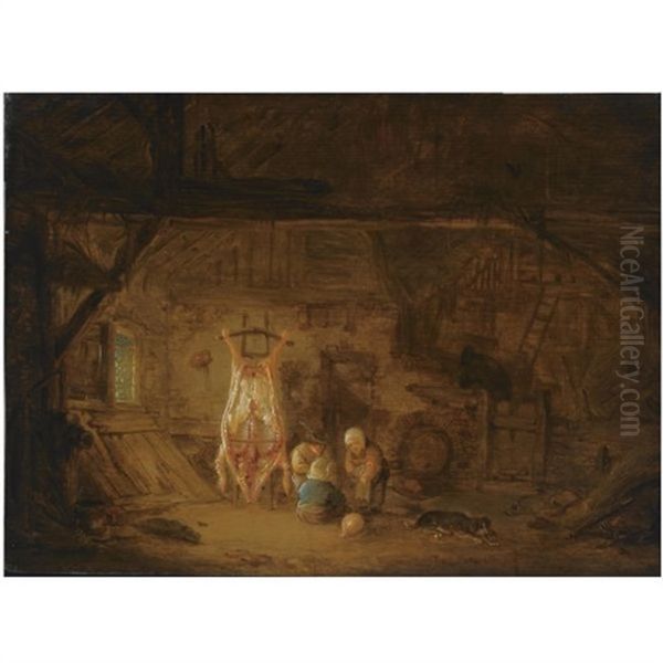 A Barn Interior With Three Children Playing With A Pig's Bladder, Next To A Slaughtered Pig - view 1