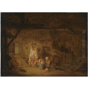 A Barn Interior With Three Children Playing With A Pig's Bladder, Next To A Slaughtered Pig by Isaac Van Ostade