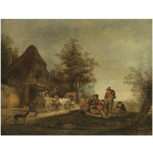 A Landscape With Peasants Sitting Outside A Tavern Beside A Horse-and-cart by Isaac Van Ostade