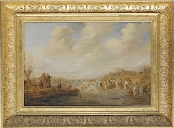 A Winter Landscape With Figures On A Frozen River, A Town Beyond - view 1