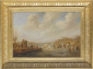 A Winter Landscape With Figures On A Frozen River, A Town Beyond by Isaac Van Ostade