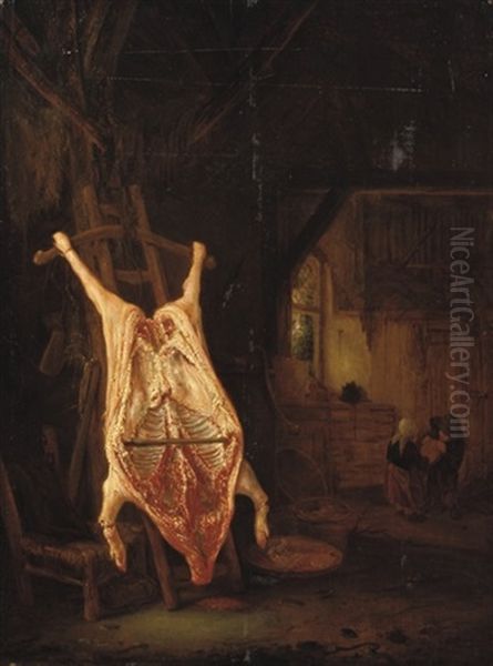 A Barn Interior With A Slaughtered Pig, Children Playing Beyond - view 1