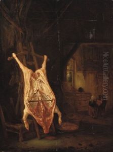 A Barn Interior With A Slaughtered Pig, Children Playing Beyond by Isaac Van Ostade
