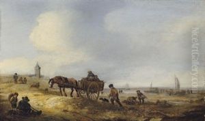 A Beach Scene With Fisherfolk And A Horse And Cart, A Church Beyond by Isaac Van Ostade