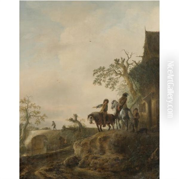 Horsemen Halting At An Inn, A Shepherd Driving His Flock Across A Bridge Beyond - view 1
