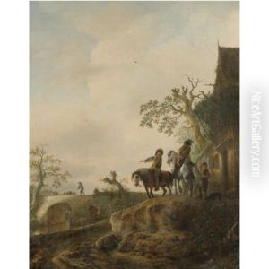 Horsemen Halting At An Inn, A Shepherd Driving His Flock Across A Bridge Beyond by Isaac Van Ostade