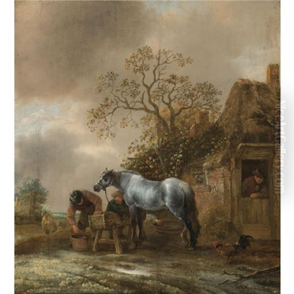 Landscape With Peasants Feeding A Grey Outside A Cottage - view 1