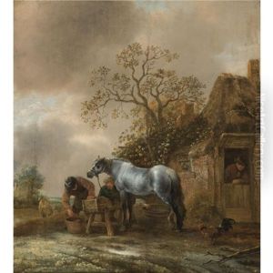 Landscape With Peasants Feeding A Grey Outside A Cottage by Isaac Van Ostade