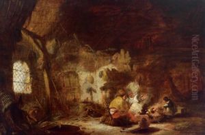 Bauernfamilie In Einer Scheune by Isaac Van Ostade