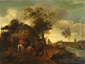 Figures On Horseback, A Bridge And Windmill Beyond