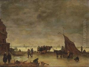 Scene De Riviere Gelee En Hollande by Isaac Van Ostade