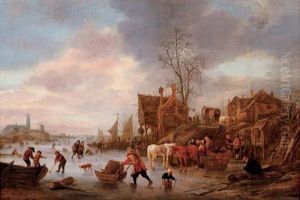 A Winter Landscape With Villagers On A Frozen Canal