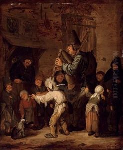 Children Gathered Around A Figure Playing A Bagpipe