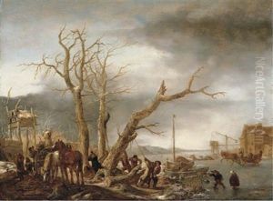 A Frozen River Landscape With Woodsmen Felling A Tree, A Water Mill Beyond by Isaac Van Ostade