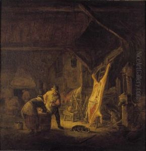 A Barn Interior With Peasants Standing Before A Hog Carcass, Other Figures Warming Themselves By A Fire Beyond by Isaac Van Ostade