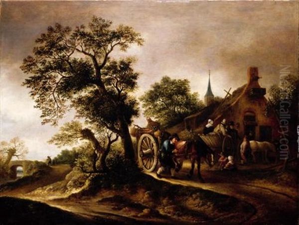 Landscape With Figures And Carts Before A Cottage - view 1