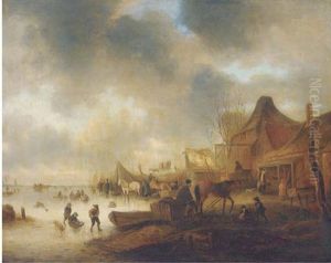 A Frozen River Landscape With Townsfolk By A Farm