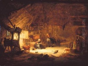 The Interior Of A Barn With Figures And Animals