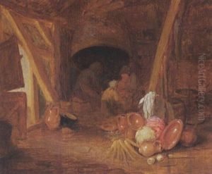 Peasants Gathered Around A Fire In A Barn, A Kitchen Still Life In The Foreground by Isaac Van Ostade