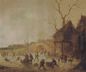 A Winter Landscape With Skaters, Children Playing Kolf And Figures With Sledges On The Ice Near A Bridge by Isaac Van Ostade