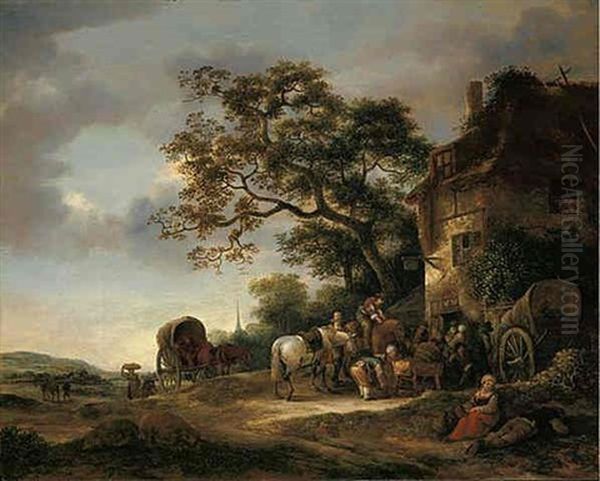 Peasants And Travellers Refreshing Themselves Outside An Inn by Isaac Van Ostade