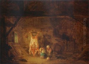 A Barn Interior With Three Children Playing With A Pig's Bladder by Isaac Van Ostade