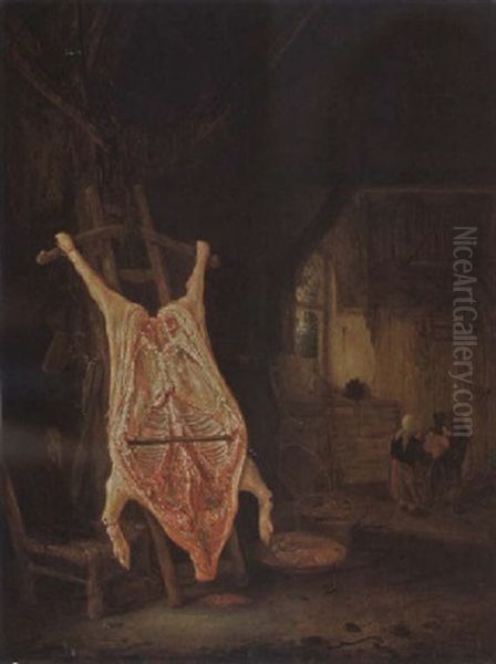 A Barn Interior With A Pig's Carcase And Two Children Playing With Its Blatter In The Background - view 1