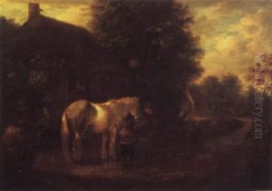 Peasants Feeding A Horse Outside A Cottage In A Wooded Landscape Peasants Feeding A Horse Outside A Cottage In A Wooded Landscape