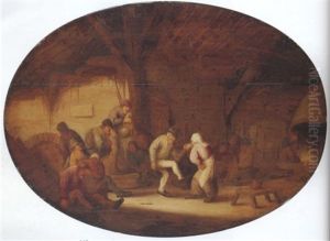 Peasants Dancing In A Barn Interior by Isaac Van Ostade