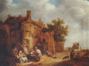 Peasants Eating Before A Tumbledown Cottage At The Side Of A Road