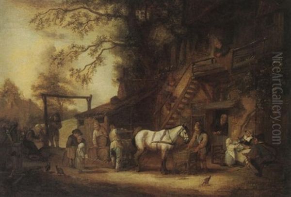 Figures Loading Barrels On A Wagon Outside A Country Inn - view 1