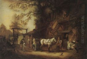 Figures Loading Barrels On A Wagon Outside A Country Inn