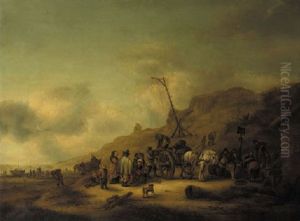 An Elegant Couple At The Fishmonger's On The Beach by Isaac Van Ostade