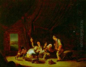 A Barn Interior With Peasants Drinking And Smoking by Isaac Van Ostade