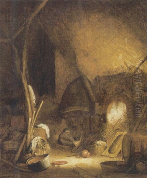 A Peasant Woman Seated By A Fire In A Barn, Pots And Pans In The Foreground - view 1