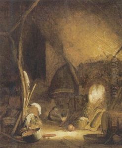 A Peasant Woman Seated By A Fire In A Barn, Pots And Pans In The Foreground by Isaac Van Ostade