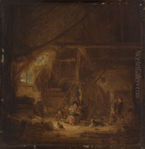 Peasants In A Barn by Isaac Van Ostade