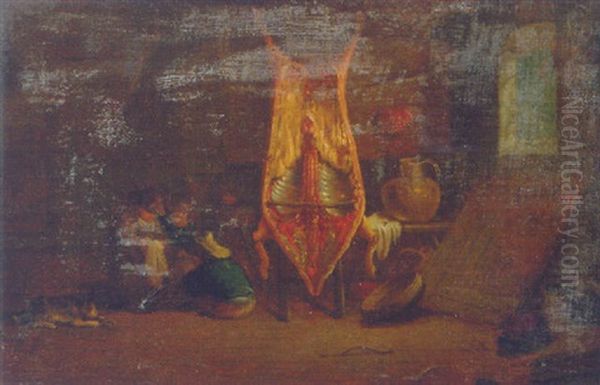 A Slaughter Pig Hanging From A Ladder In A Barn - view 1