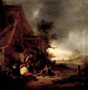Peasants Resting And Smoking By An Inn, A Goat And A Dog Nearby, A Landscape At Dusk In The Distance
