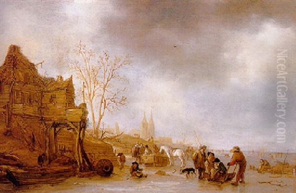 A Winter Landscape With Villagers On A Frozen Waterway - view 1