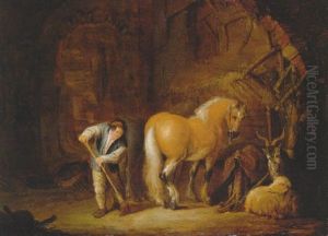 Horses, A Goat And A Sheep In A Stable With A Groom Sweeping The Floor